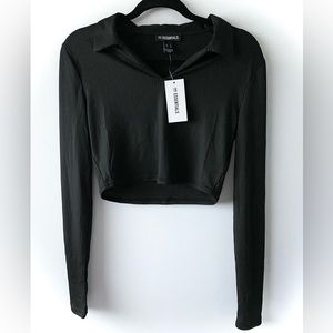 🛑SOLD🛑Streetwear Society Black Ribbed Collared Long Sleeve Cropped Top Size M